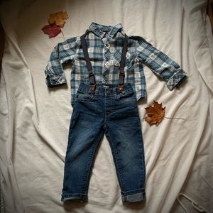 Cherokee blue plaid button-up shirt, Oshkosh B’Gosh jeans with suspenders - 2T